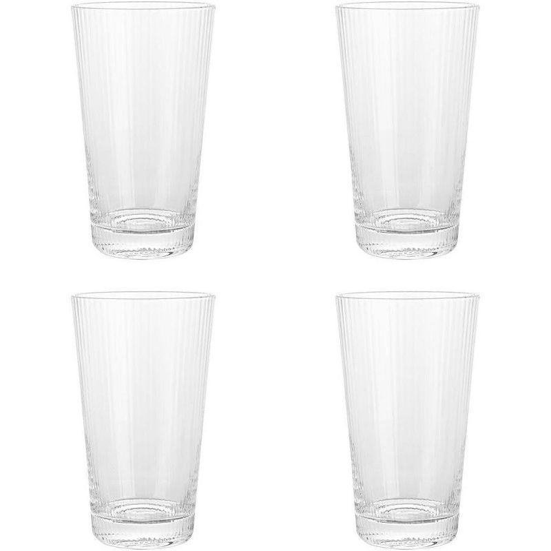 Elle Decor Ribbed Highball Glasses, Set of 4, 16oz Tall Drinking Glasses, For Gin and Tonics, Cocktails, and Juice, Stackable Vintage Style