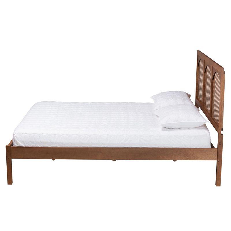 Queen Walnut Wood and Rattan Platform Bed with Headboard