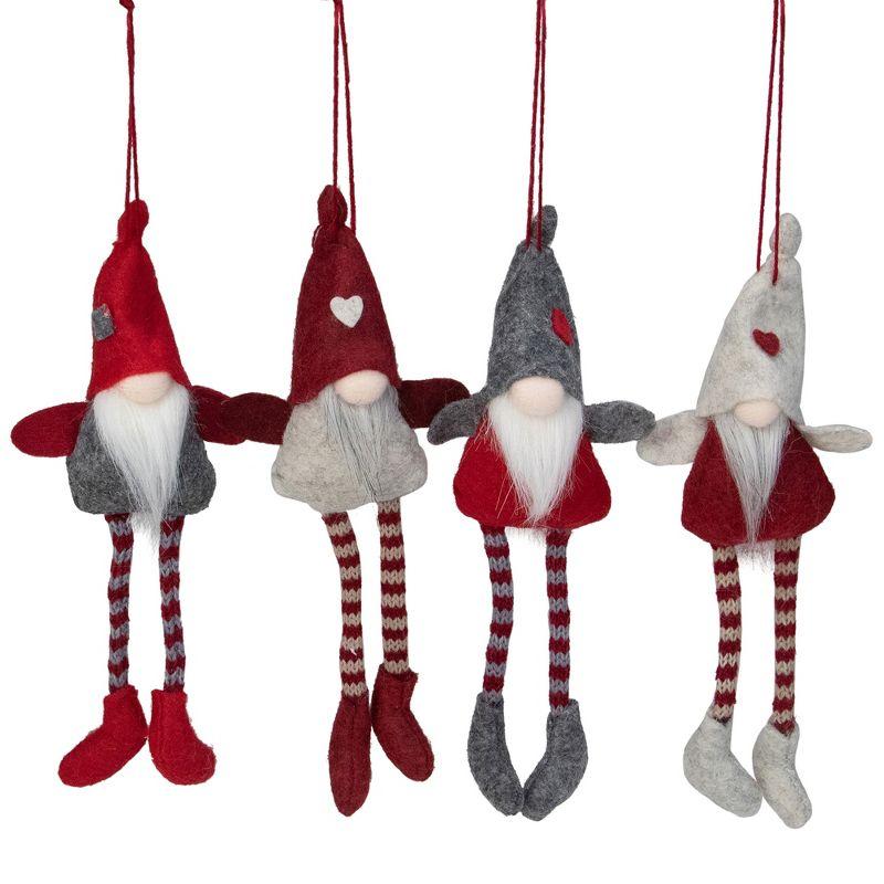 Set of 4 Red and Gray Plush Gnome Christmas Ornaments