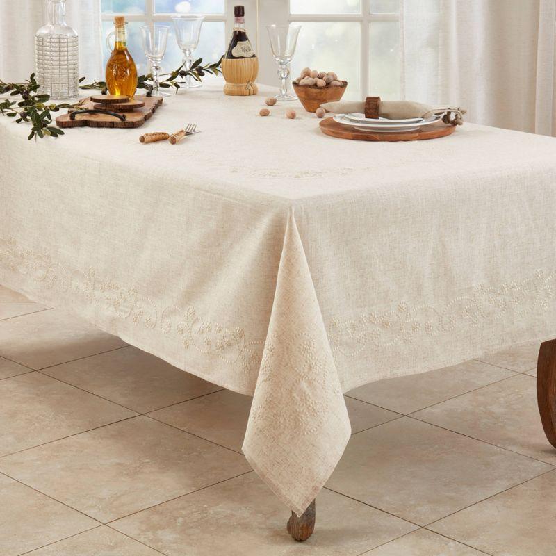 120"x67" Embroidered Swirl Natural Linen Blend Tablecloth: Machine Washable, Saro Lifestyle
