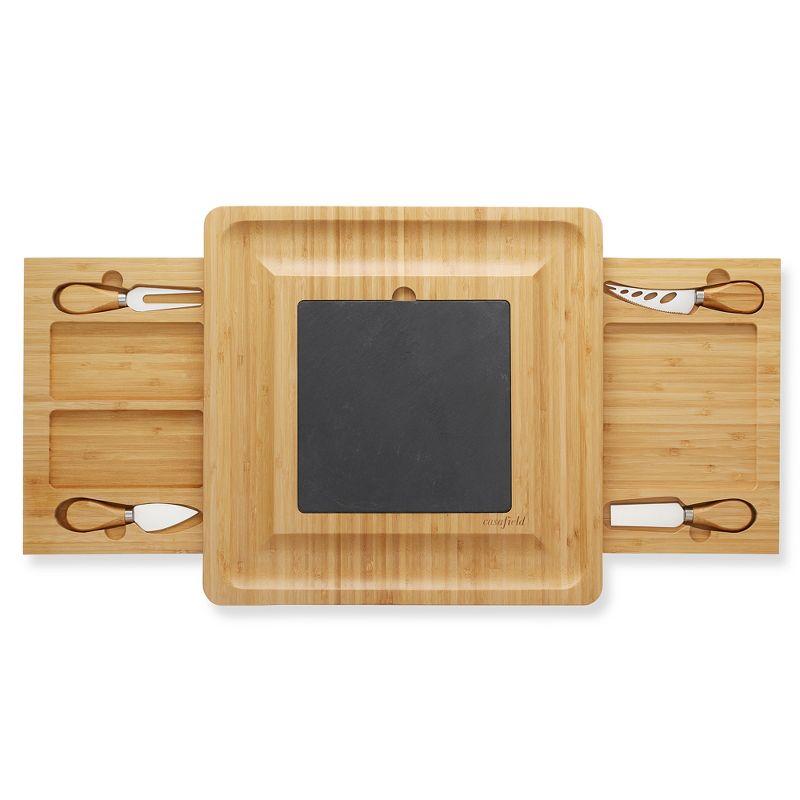 Casafield Bamboo Cheese Cutting Board with Removable Slate Cheese Plate, Stainless Steel Knives, and Slide-Out Snack Trays