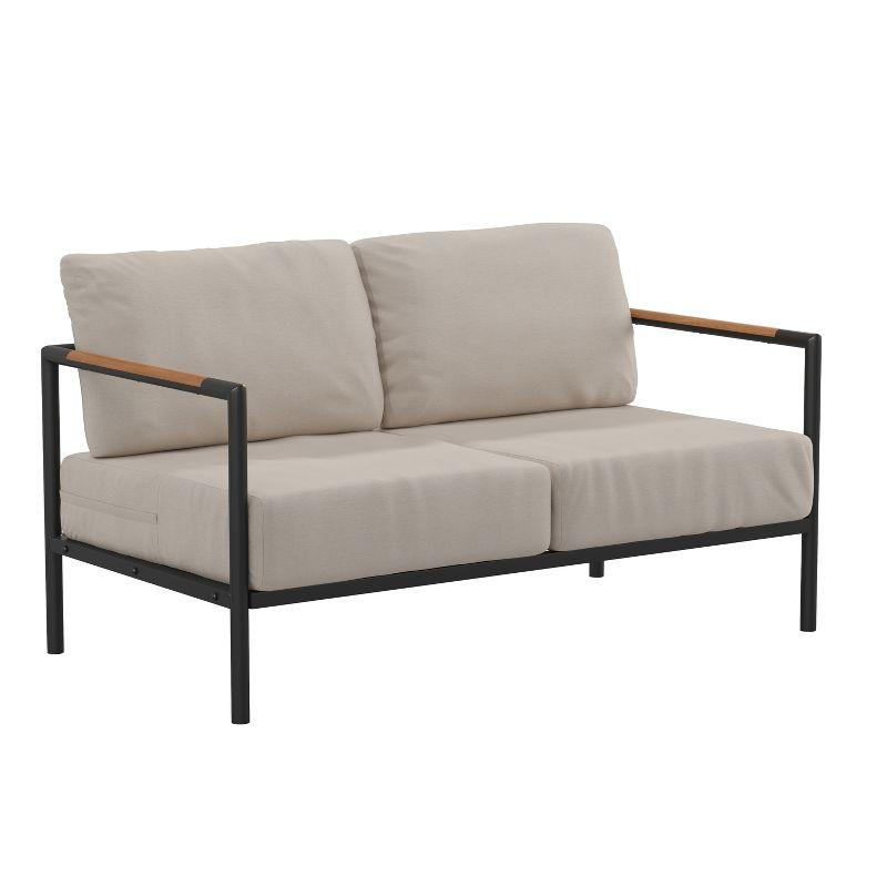 Beige Cushioned Loveseat with Black Steel Frame and Teak Accents