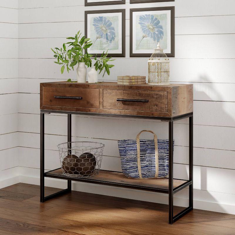 Rustic Wood and Metal Console Table with Dual Storage Drawers