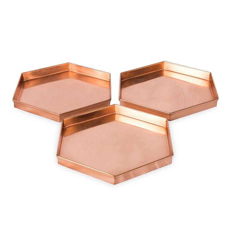 9" 3pc Decorative Hexagonal Stainless Steel Trays Copper Plated Finish - ACHLA Designs: Handmade, Rolled Edges, Indoor/Outdoor Use