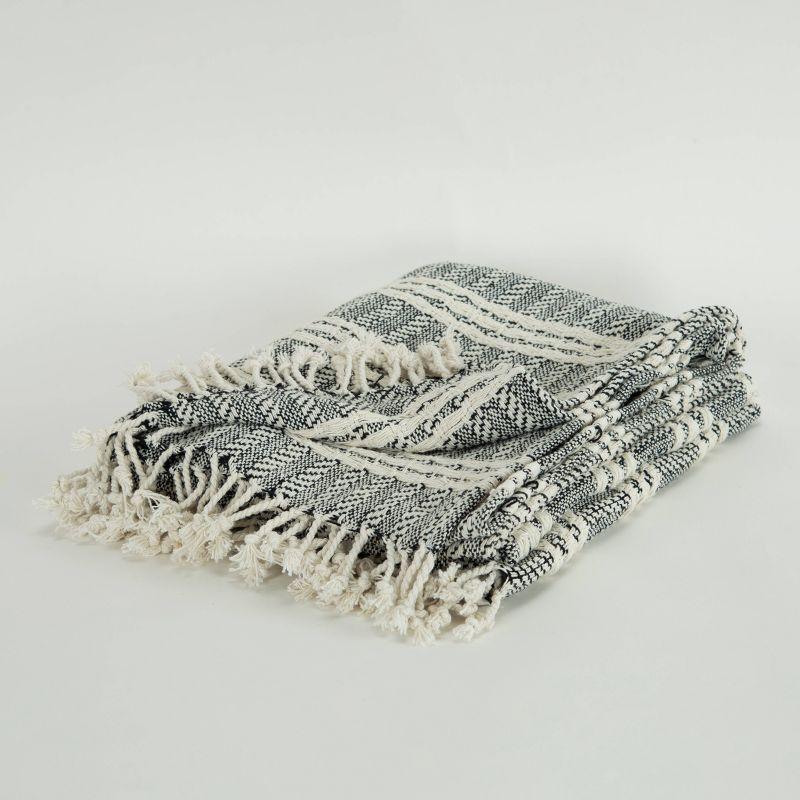 Hand-Loomed Black and Natural Cotton Striped Throw Blanket