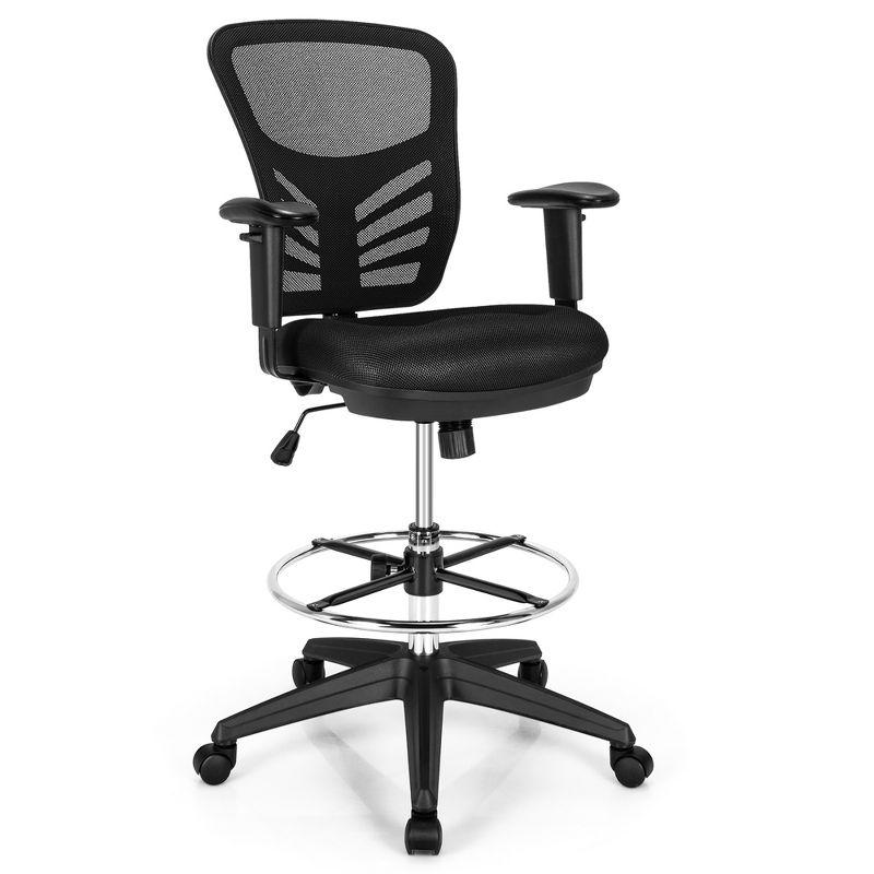 Black Mesh Adjustable Swivel Drafting Chair with Foot-Ring