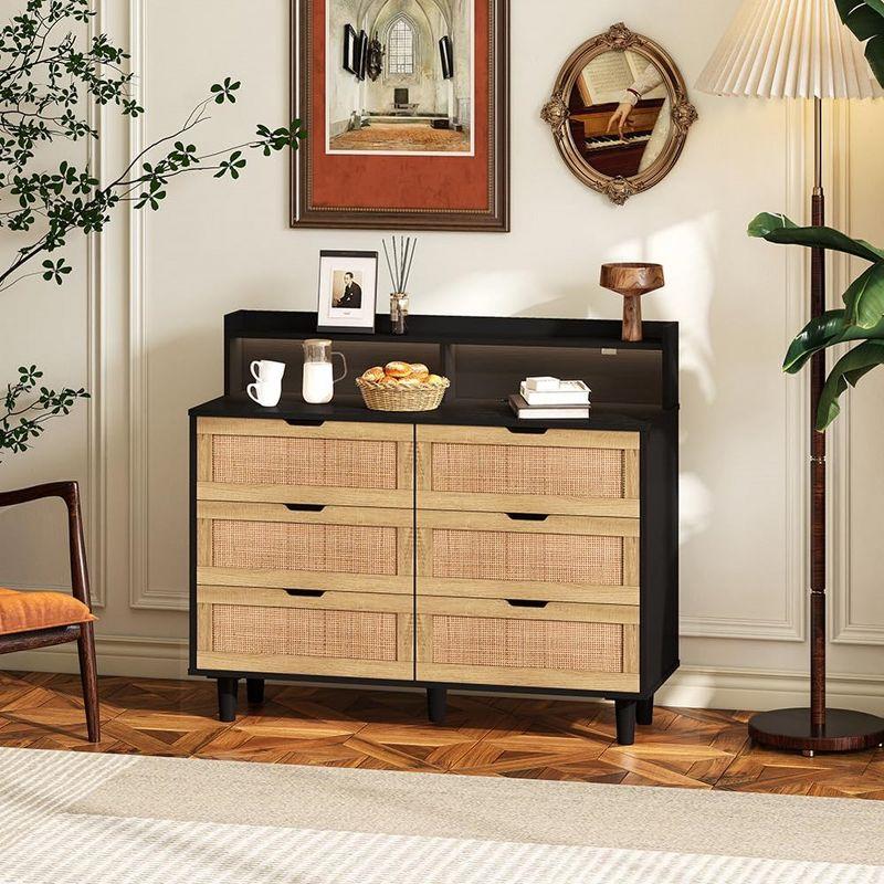 Rattan 6-Drawers Storage Cabinet, 43.31" Dresser with LED Lights and Power Outlet for Entryway, Living Room, Bedroom,Natural
