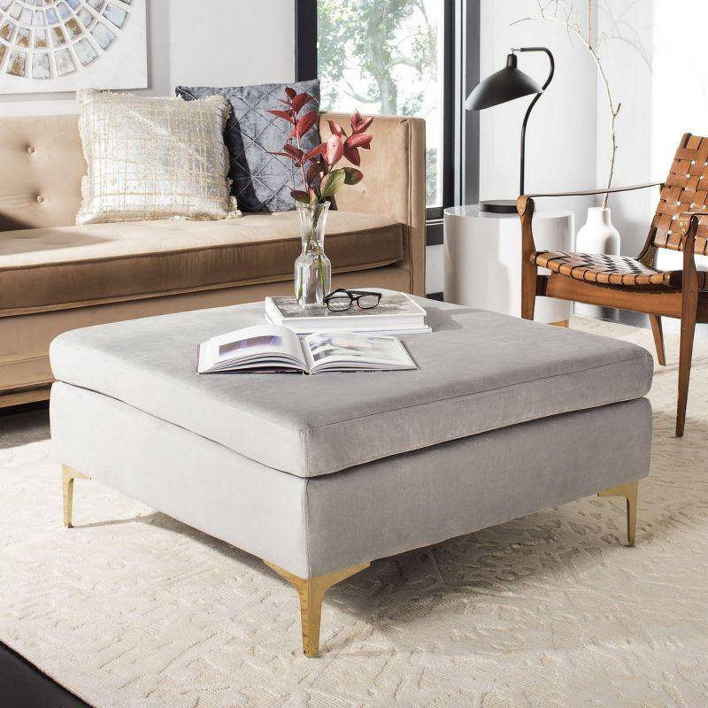 Giovanna Transitional Grey Velvet Square Ottoman with Brass Legs