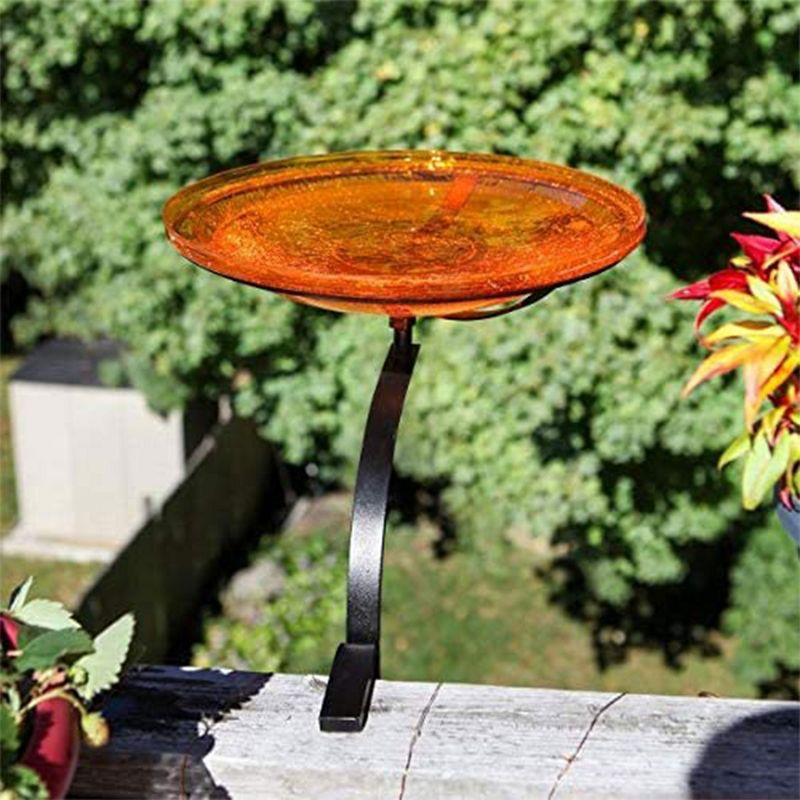 Achla Designs CGB-14M-RM 14 Inch Hand Blown Crackle Glass Birdbath Bowl Lawn and Yard Accent Decoration with Rail Mounting C Clamp, Mandarin Orange