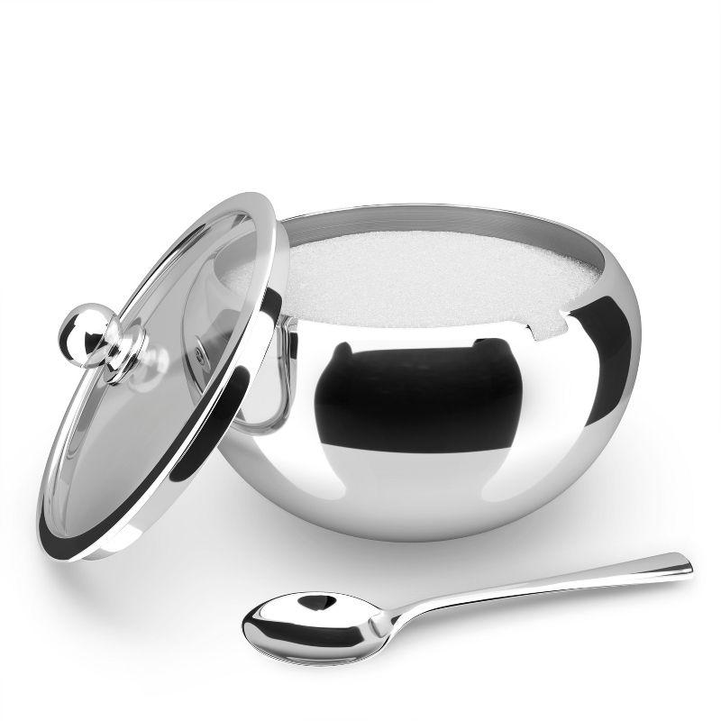 Large Stainless Steel Sugar Bowl with Glass Lid and Spoon