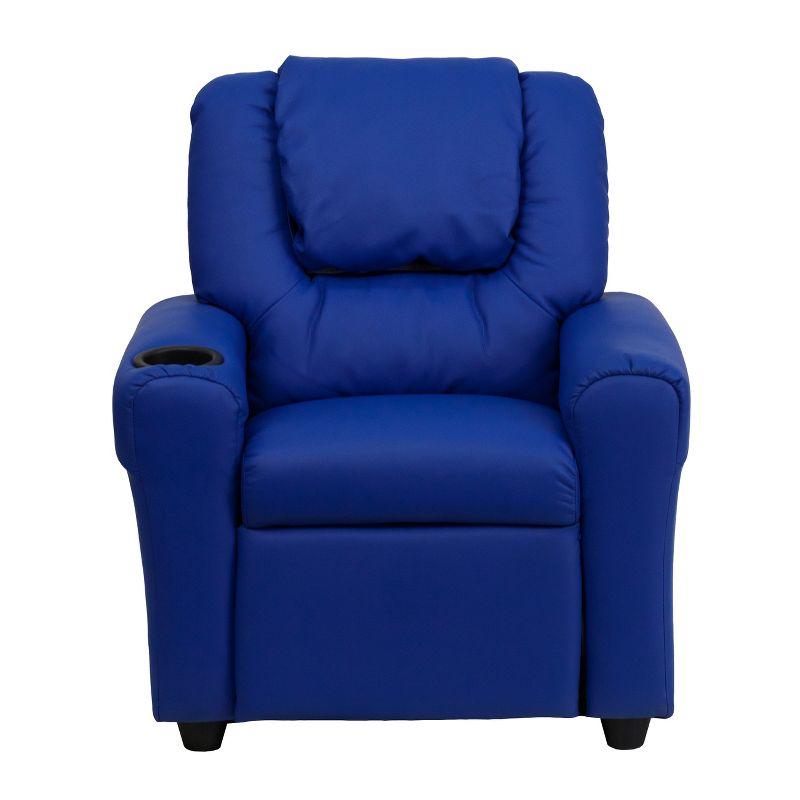 Blue Vinyl Kids Recliner with Wood Frame and Cup Holder