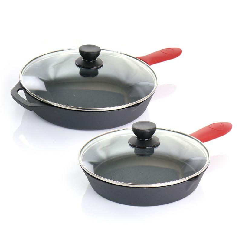 MegaChef Pre-Seasoned 6 Piece Cast Iron Skillet Set with Lids and Red Silicone Holders