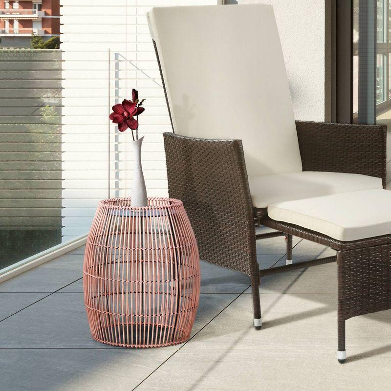 Bay Isle Home™ Bamboo Drum Side Table with Black Iron Top – Weather-Resistant Open Weave Accent Table