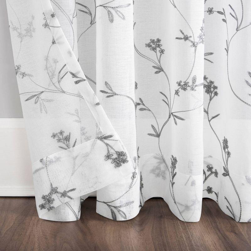 84"x50" Delia Embroidered Floral Sheer Rod Pocket Curtain Panel White - No. 918: Modern Botanical Indoor Curtain