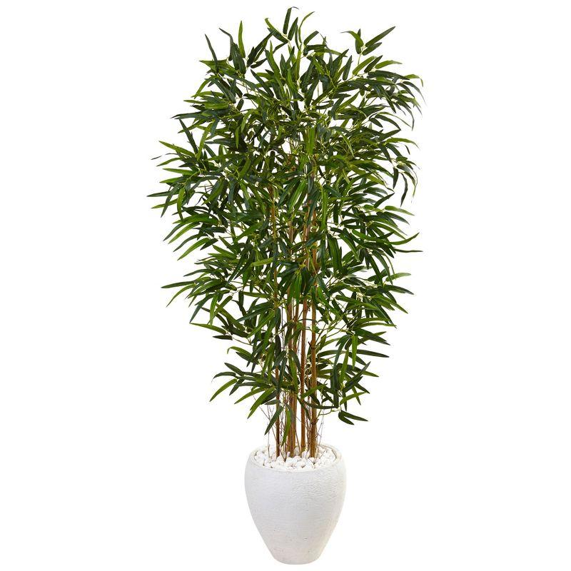 Nearly Natural 5-ft Bamboo Artificial Tree in Oval White Planter