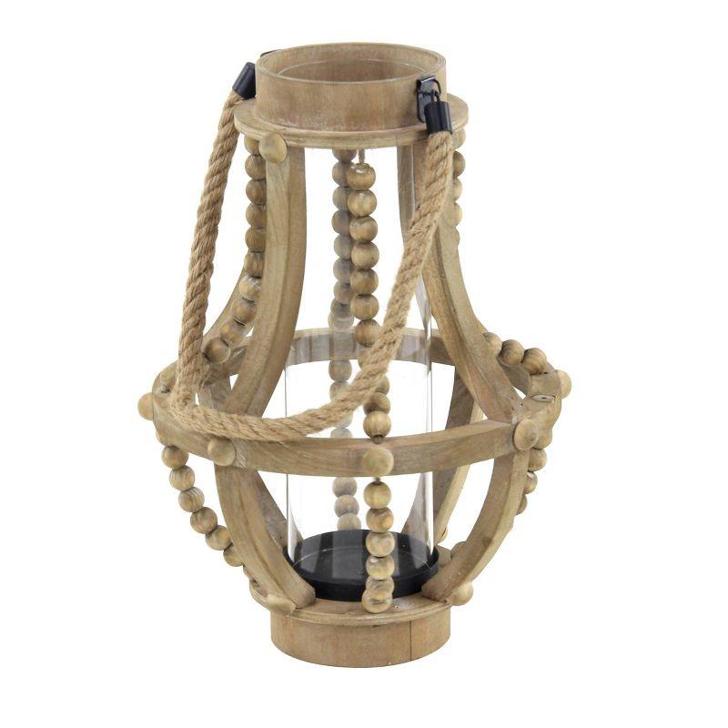 Olivia & May 16" x 10" Rustic Wood/Glass Candle Holder with Rope Handle Beige : Wooden Lantern, Tall Pillar Style