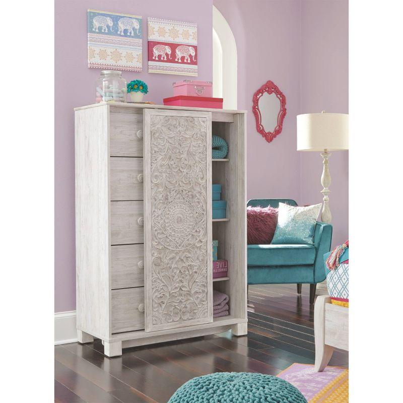 Paxberry Dressing Chest White Wash - Signature Design by Ashley: Boho-Chic 5-Drawer Storage, Carved Sliding Door