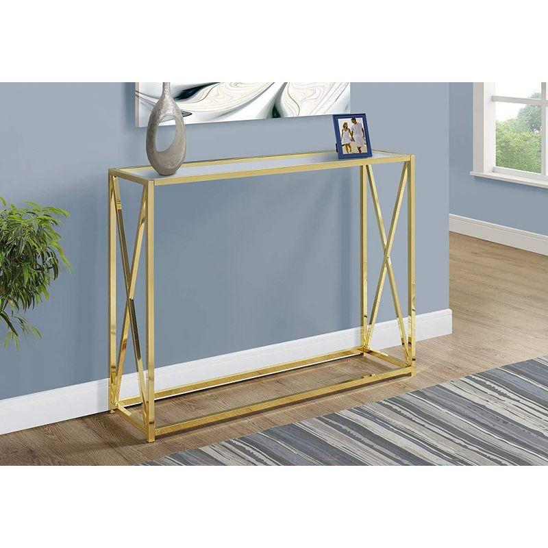 Monarch Specialties 42.25 Inch Modern Chic Glass Top Metal Frame Console Accent Table with Criss-Cross Legs for Living Rooms and Offices, Gold