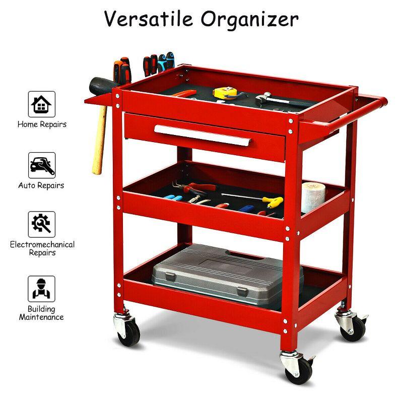 Three Tray Rolling Tool Cart Mechanic Cabinet Storage ToolBox Organizer w/Drawer