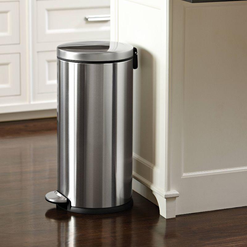 Brushed Stainless Steel Round Pedal Trash Can with Silent Close Lid