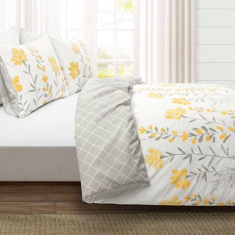 Aprile Full/Queen Yellow and Gray Cotton Floral Duvet Cover Set