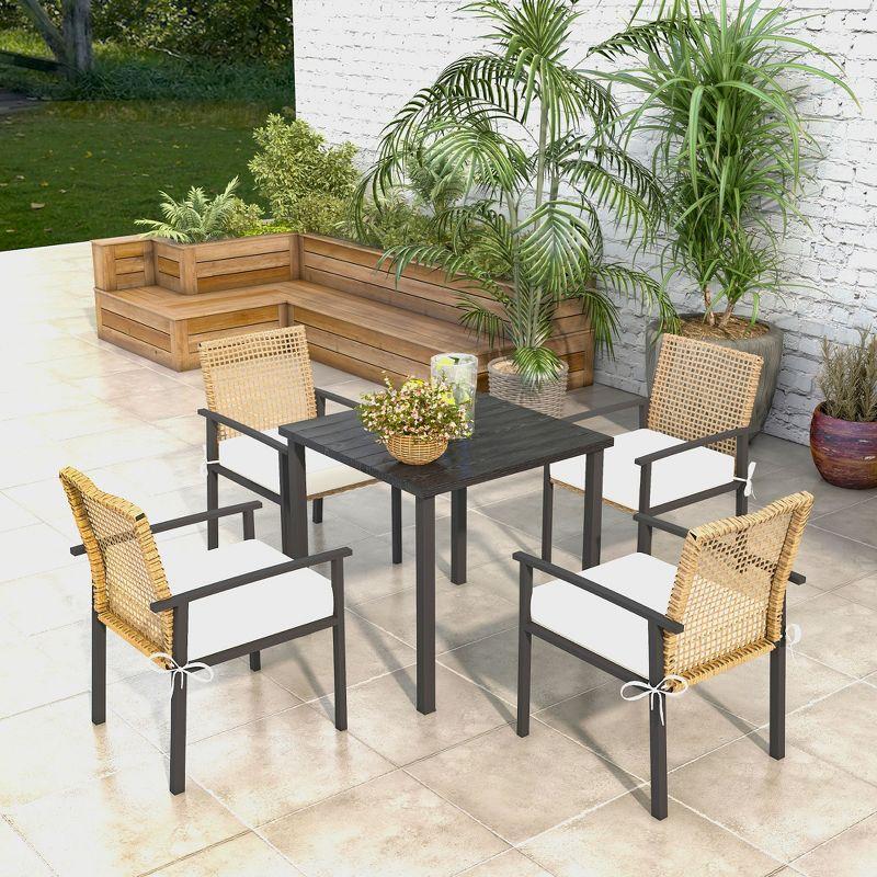 Outsunny 5 Piece Indoor Outdoor Wicker Dining Set, Patio Furniture Metal Table and Chairs with Soft Cushions, Beige