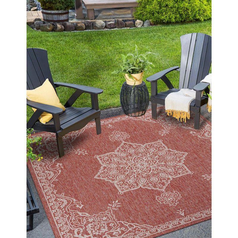 Rust Red and Ivory 12' Square Outdoor Medallion Area Rug