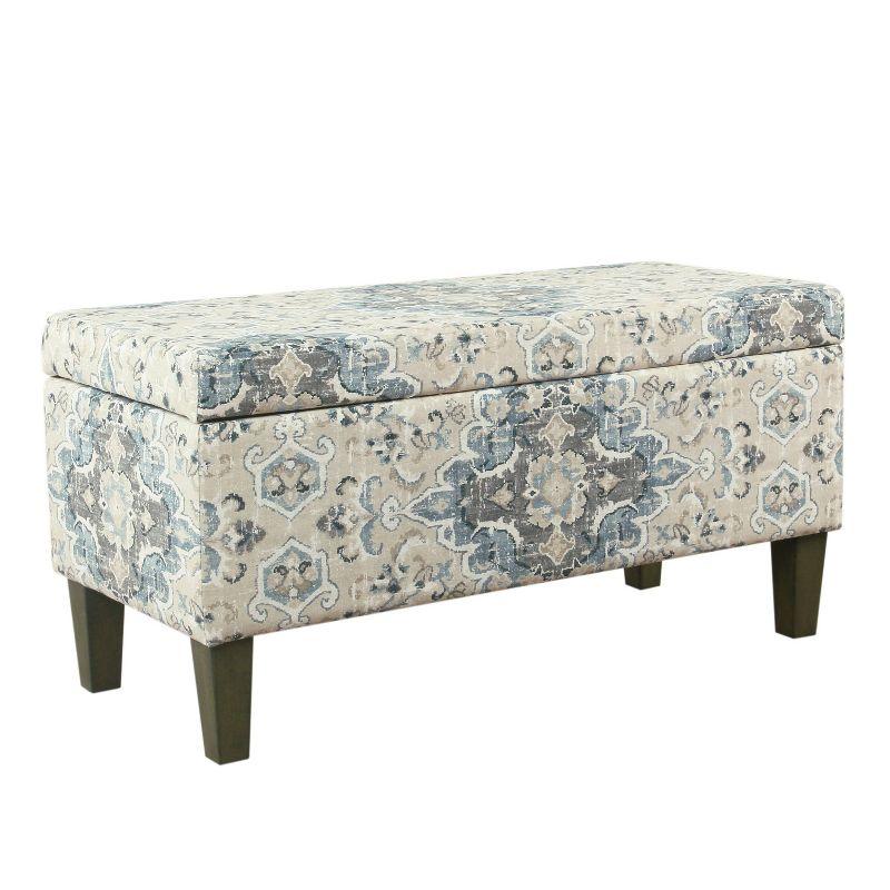 Antiqued Blue and Cream Medallion 36" Storage Bench with Graywash Legs