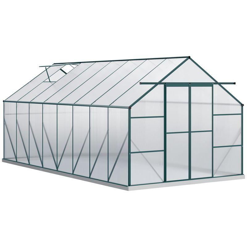 Outsunny Aluminum Greenhouse Polycarbonate Walk-in Garden Greenhouse Kit with Adjustable Roof Vent, Rain Gutter and Sliding Door