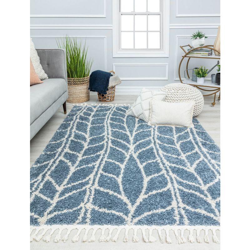 Sky Vine Blue Geometric Braided Area Rug with Tassels