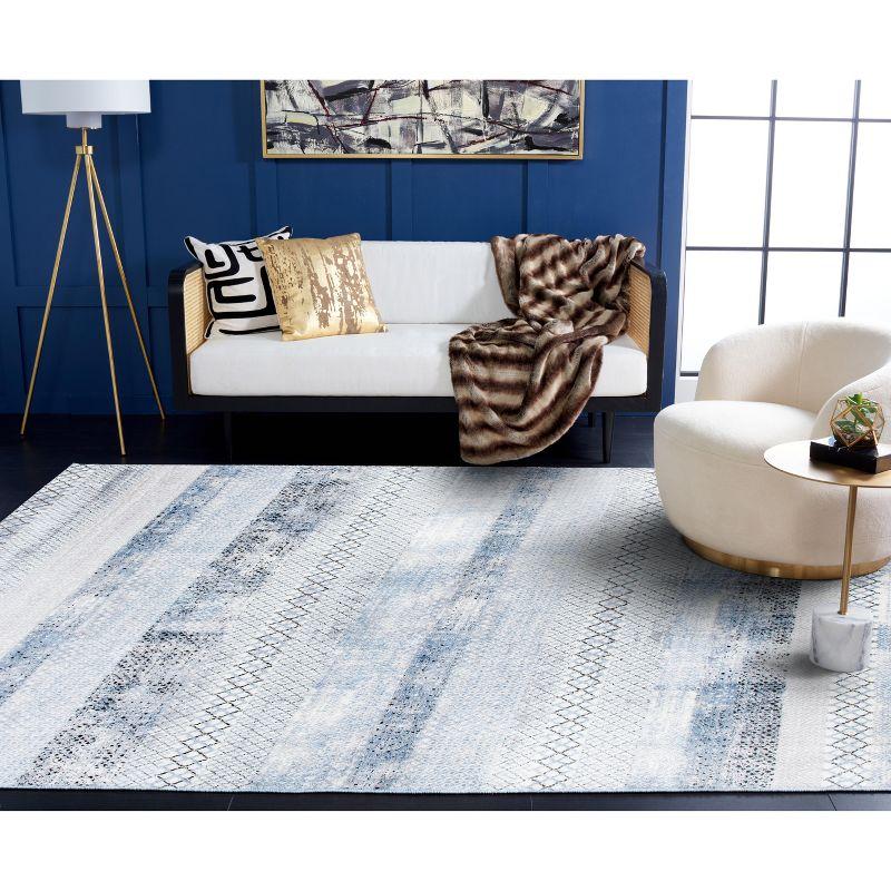 Grey and Light Blue Hand-Knotted Rectangular Synthetic Rug