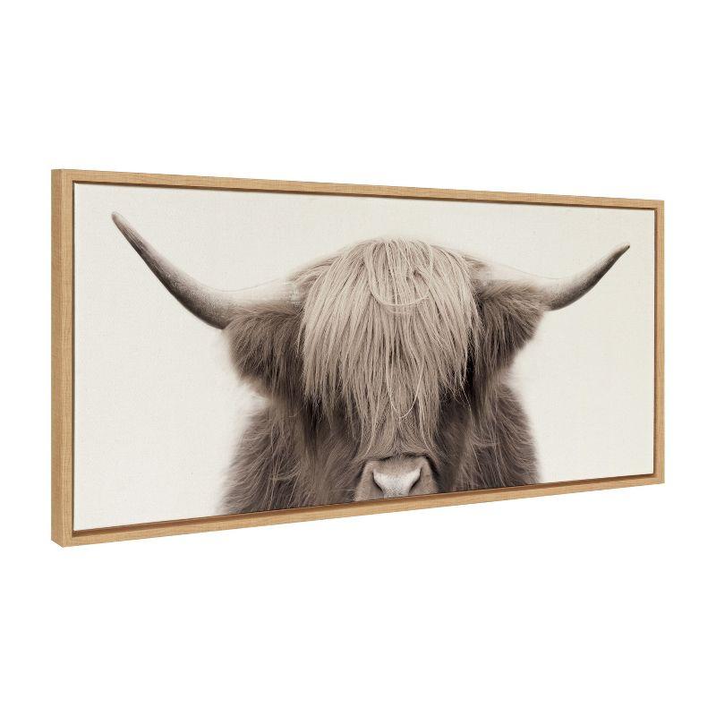 Kate and Laurel Sylvie Hey Dude Highland Cow Color Framed Canvas by The Creative Bunch Studio, 18x40, Natural