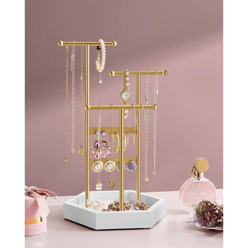 Gold and White Metal Jewelry Display Stand with Hexagonal Base