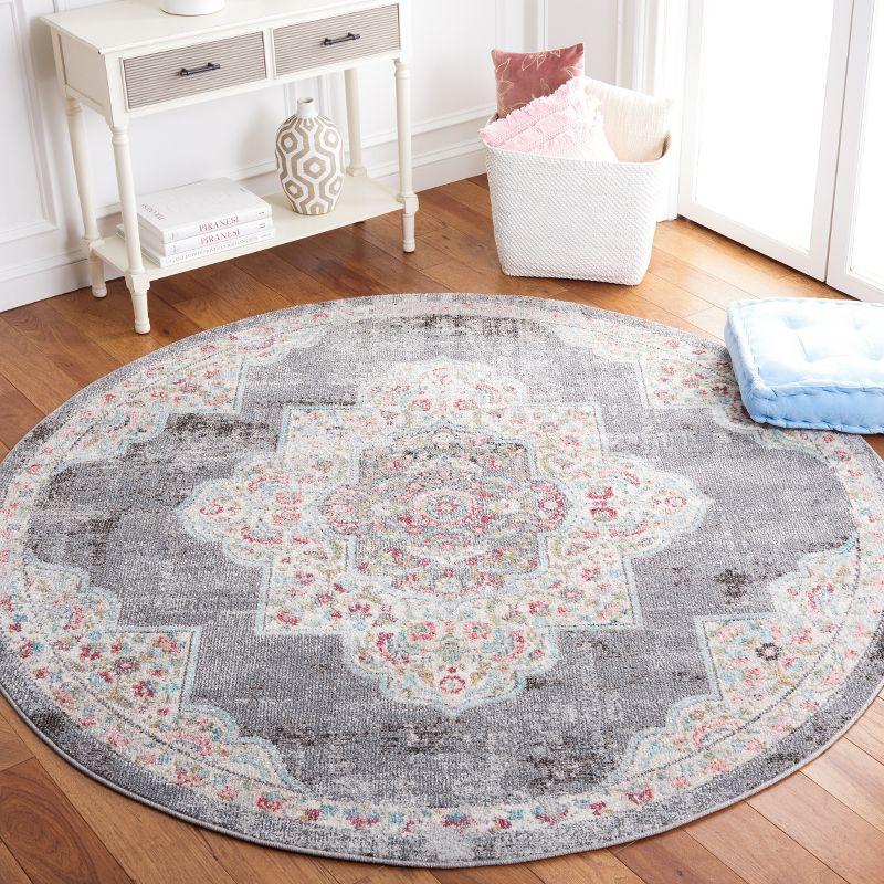 Grey and Ivory Round Medallion Synthetic Rug, 6'7"