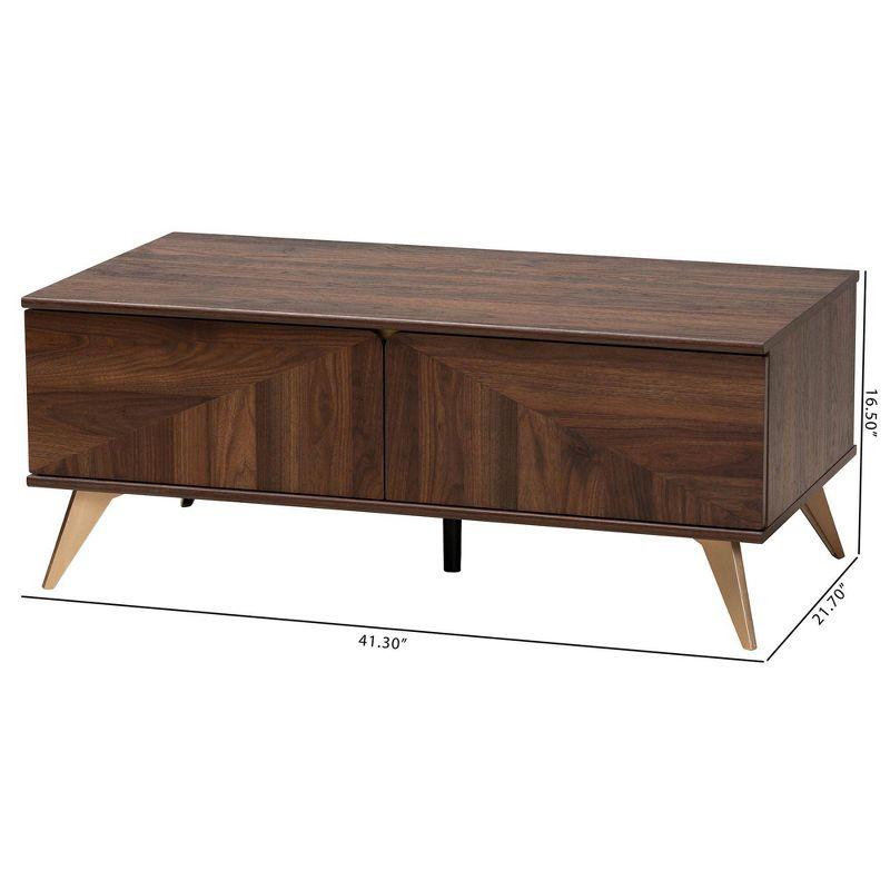 Graceland 2 Drawer Wooden Coffee Table Walnut Brown/Gold - Baxton Studio: Mid-Century Storage, Rectangular Shape