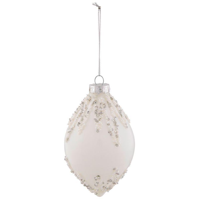 Northlight Beaded and Sequins Christmas Glass Finial Ornament - 5" - White and Silver