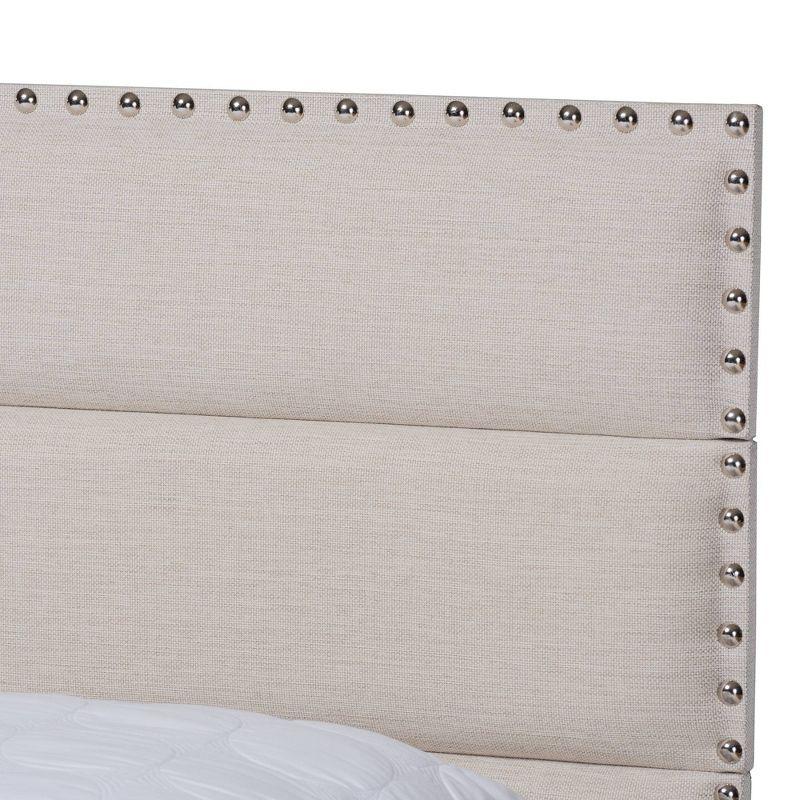 Beige King Upholstered Bed with Tufted Headboard and Nailhead Trim