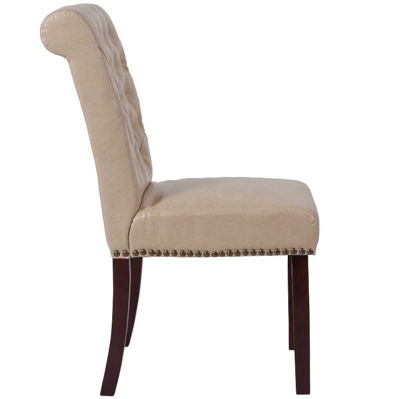 Beige Leather Parsons Side Chair Set with Walnut Legs