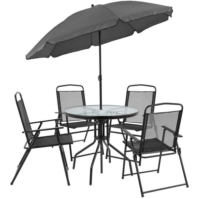 Flash Furniture Nantucket 6 Piece Patio Garden Set with Table, Umbrella and 4 Folding Chairs