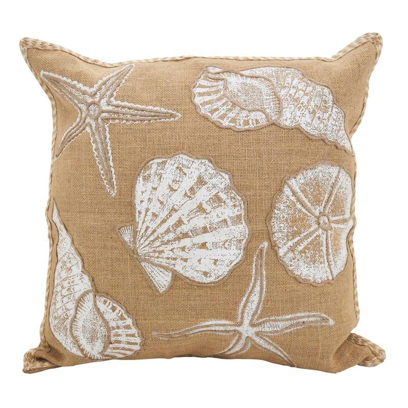 20" Beige Jute Square Throw Pillow with Seashell Design