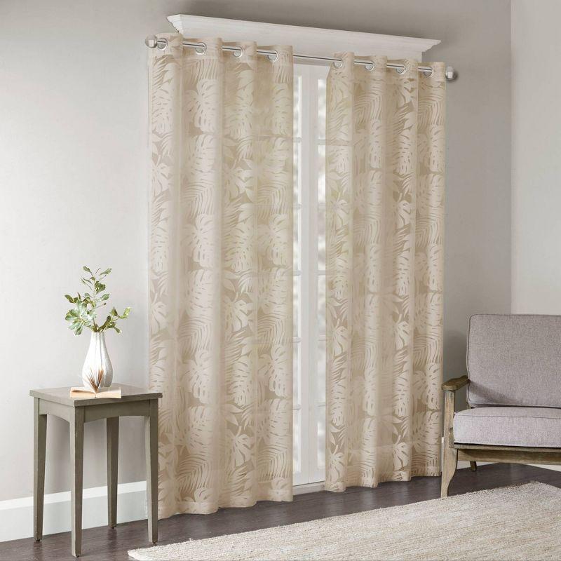 Natural Beige Palm Leaf Sheer Grommet Curtain Panel