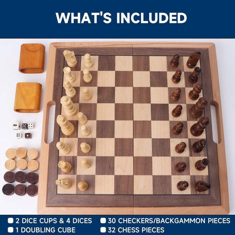 GSE 3-in-1 Wooden Folding Chess, Checker and Backgammon Board Game Combo Set