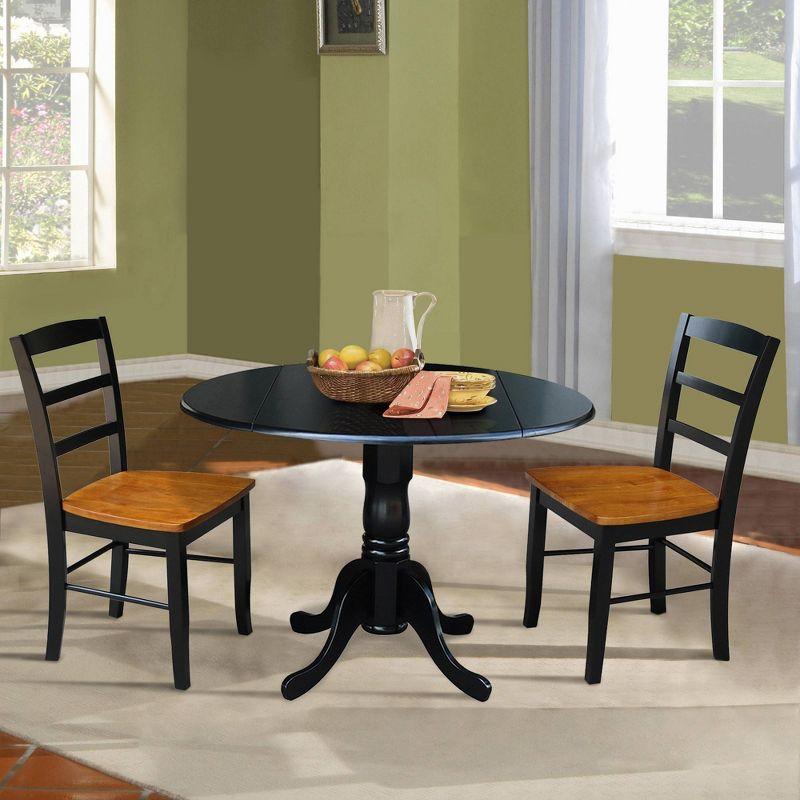 3pc Dining Set with a Dual Drop Leaf Dining Table with 2 Ladder Back Dining Chairs Black/Cherry - International Concepts: Round Table, Rubberwood