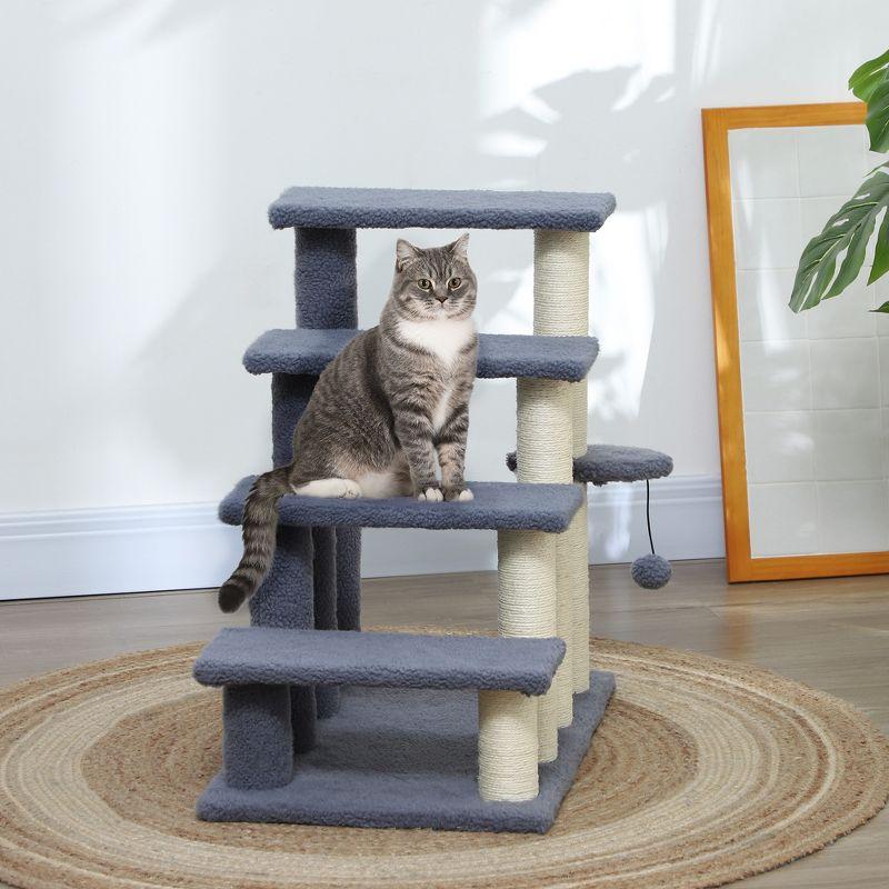 PawHut 4 Levels Cat Steps, Pet Stairs Carpeted Ladder, Kitten Tree Climber with Scratching Posts, Hanging Play Ball, Side Step, Gray