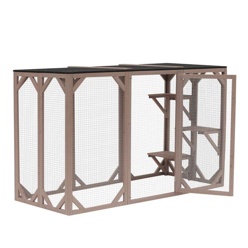 PawHut Wooden Outdoor Cat House Catio Kitten Enclosure Indoor Cage with Asphalt Roof, Multi-Level Platforms and Large Enter Door - 71"L