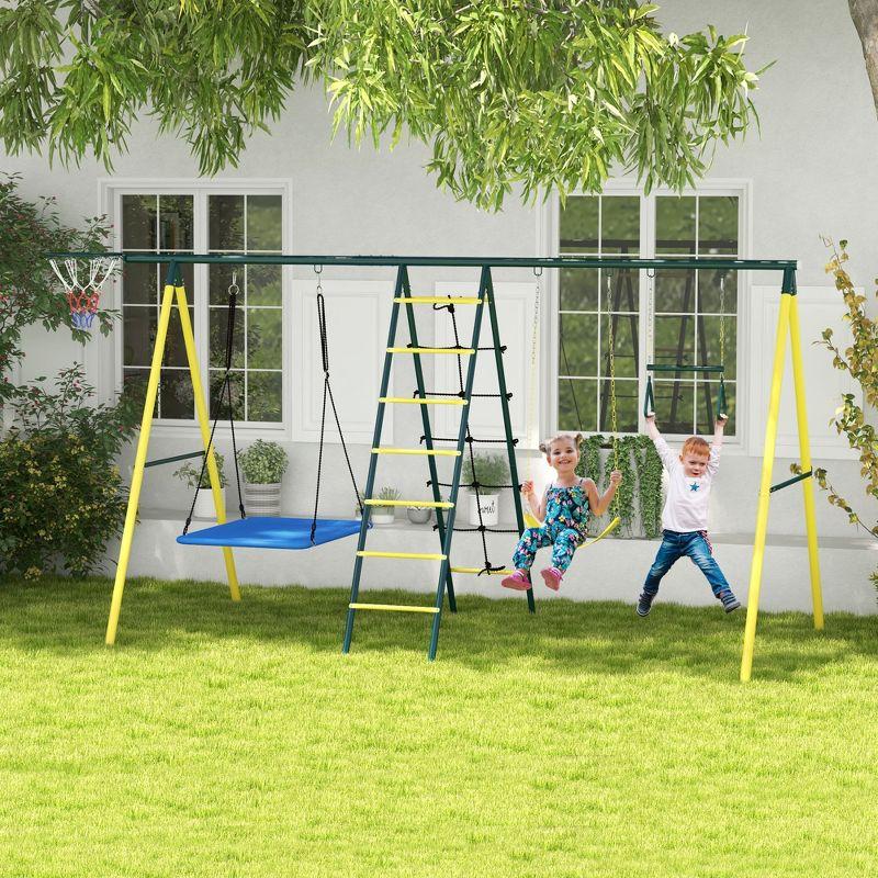 440 Lbs Swing Set For Backyard, 5 In 1 Heavy-Duty A-Frame Stand Outdoor Playset For Kids, With Saucer Swing, Slide, Swing Seats, Gym Rings, Basketball Hoop, Climbing Steps And Net