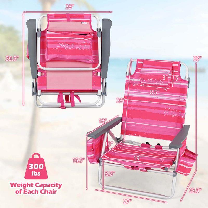 Costway 4-Pack Folding Backpack Beach Chair 5-Position Outdoor Reclining Chairs with Pillow Dark Pink