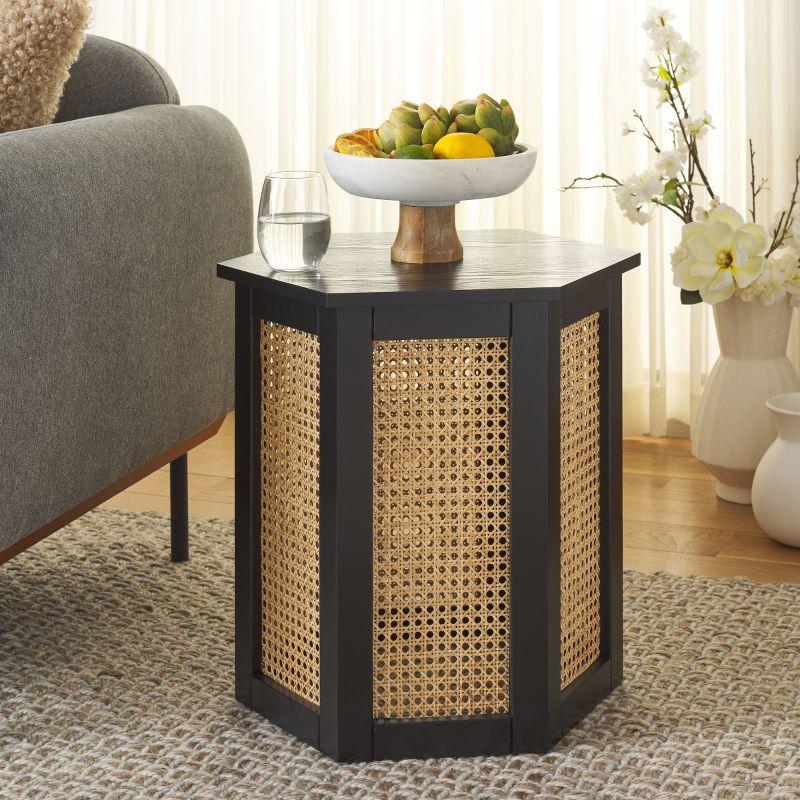 Danez Hexagonal Black and Natural Wood Cane Accent Table