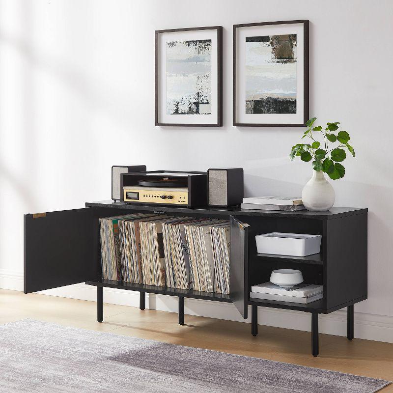 Crosley 54" Brody Record Storage Sideboard Black: Oak Wood Grain, Brass Handles, Cable Management