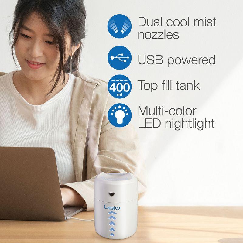 Lasko Ultrasonic Cool Mist Personal Humidifier, 0.4 Liter, Portable Home Water Vaporizer and Air Purifier for Bedroom and Small Room, White
